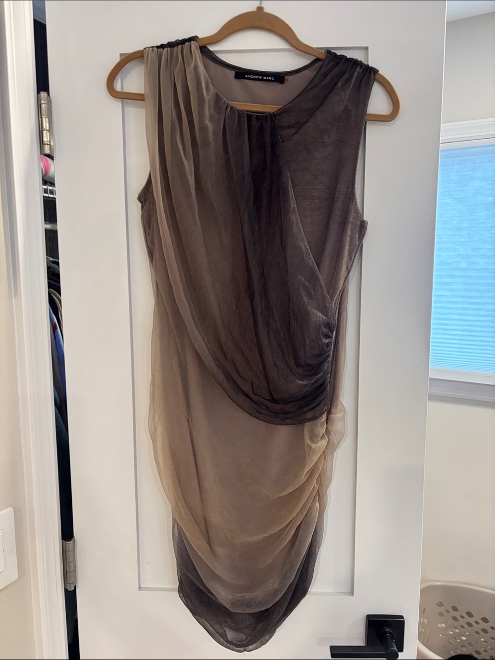 Andrew Marc Layered Taupe and Black Sheer Draped Dress
